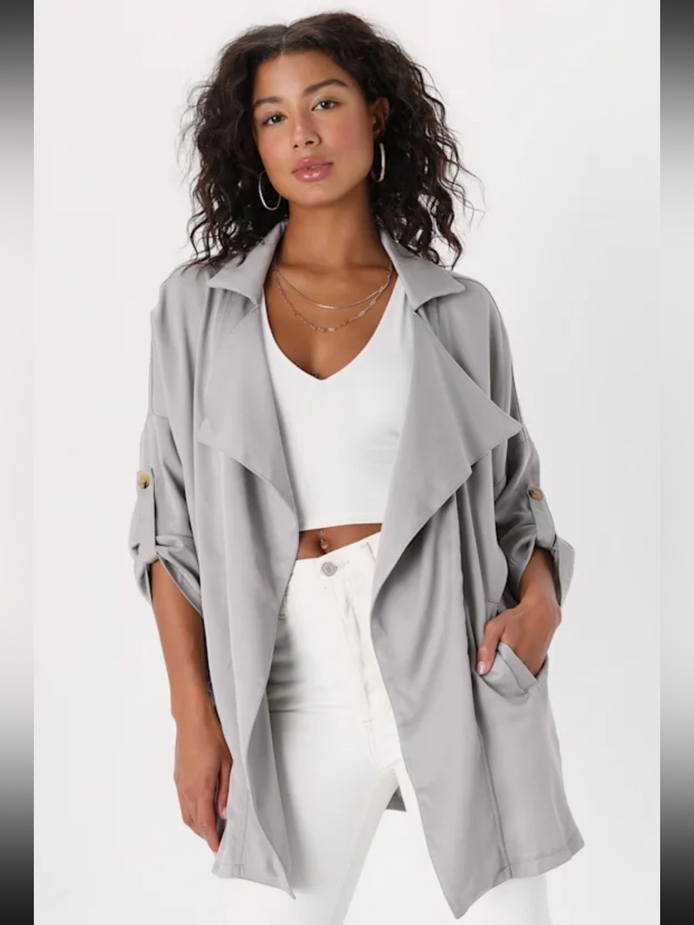 Lulu's Taupe Open Front Lightweight Trench Coat